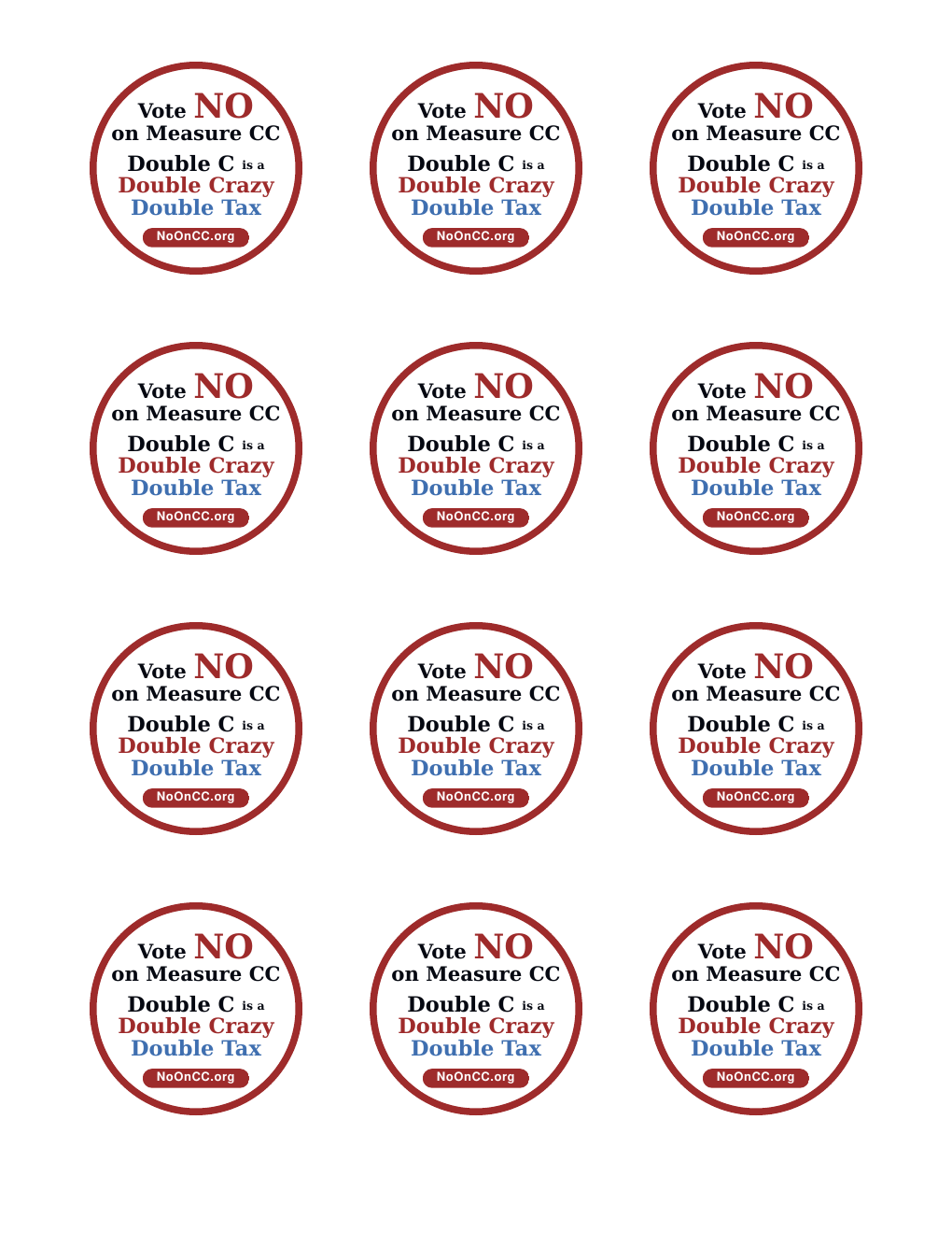 NoOnCC sticker: Vote NO on Measure CC — Double Crazy, Double Tax — NoOnCC.org